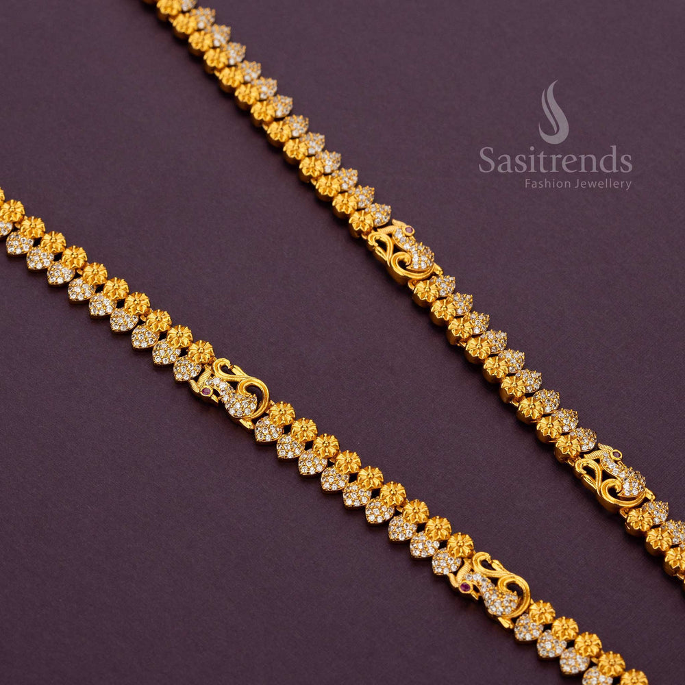 Traditional Bridal Haram Matt Gold Plated Necklace Set with earrings- Multi colour American diamond stones - Sasitrends