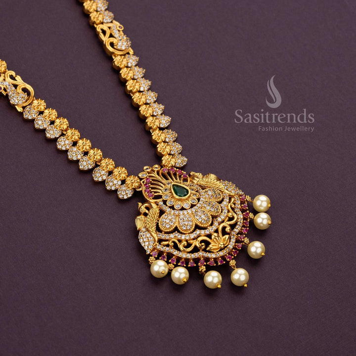 Traditional Bridal Haram Matt Gold Plated Necklace Set with earrings- Multi colour American diamond stones - Sasitrends