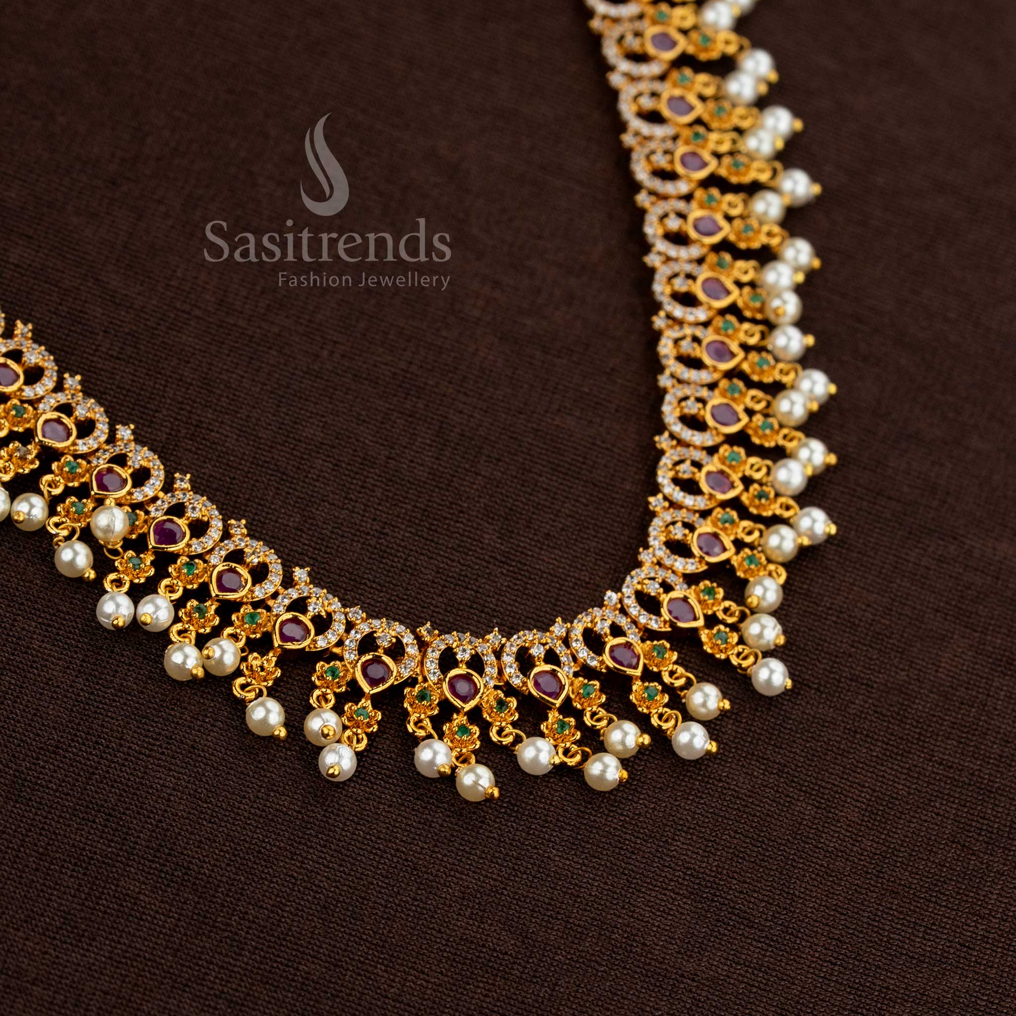 Designer Matte Gold Floral AD Long Haram For Women, A Stunning Wedding And Party Accessory For Traditional Ensembles – Sasitrends