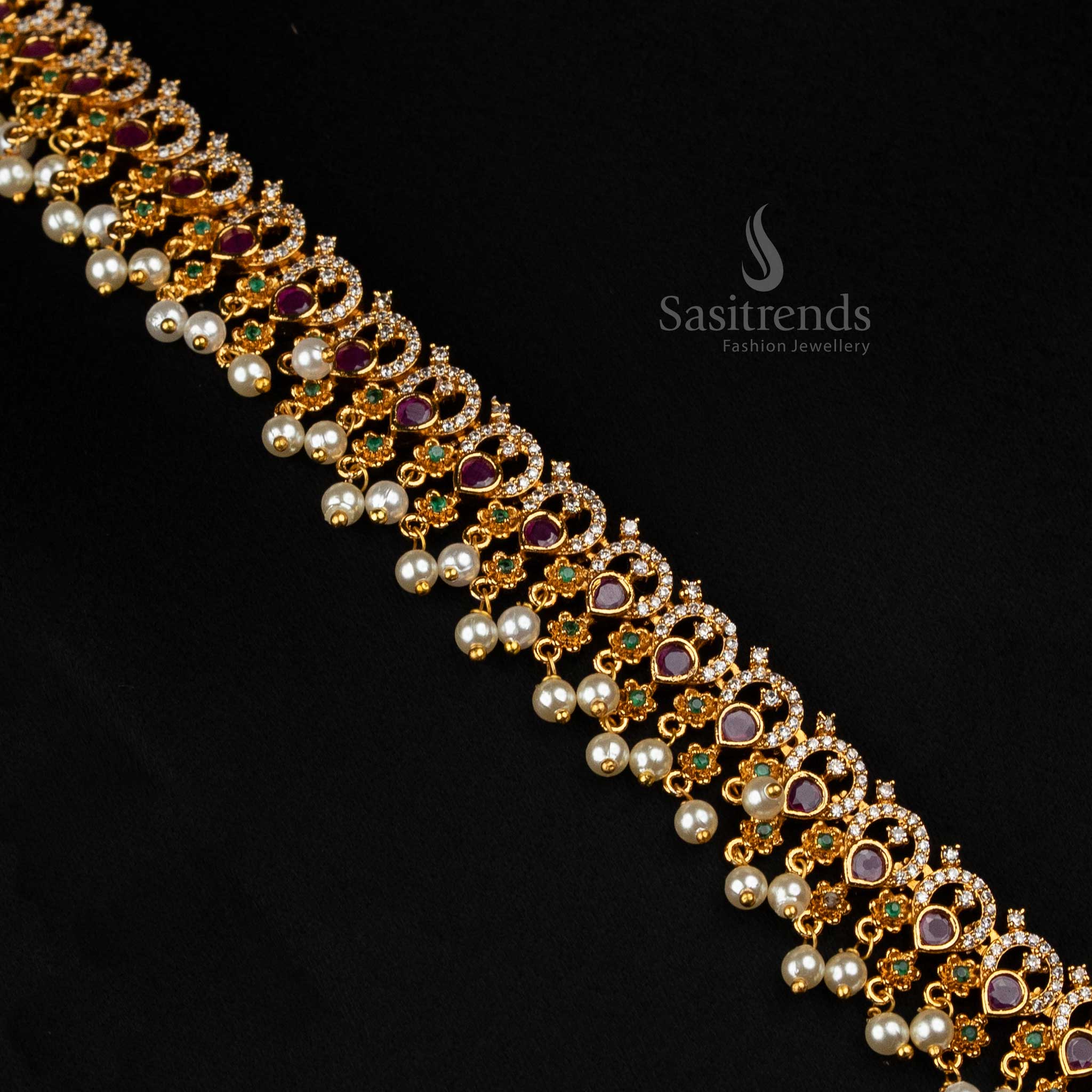 Premium Long Haram Jewellery Set With Matte Gold Finish And AD Stones, A Stylish Traditional Wear Option For Women – Sasitrends