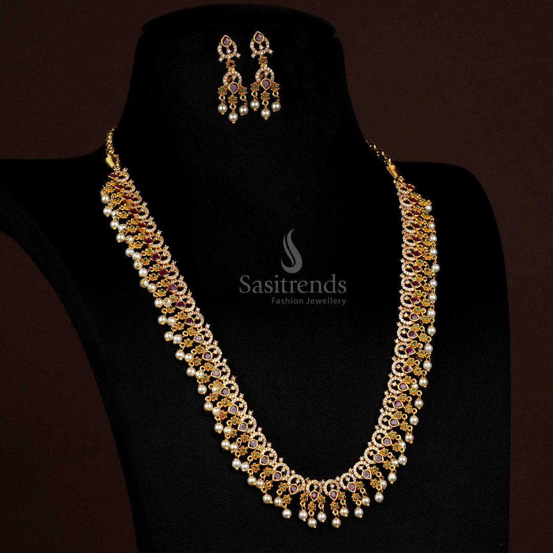 Elegant Traditional Matte Gold Long Haram With Floral AD Jewellery, Perfect For Festivals, Weddings, And Grand Cultural Events – Sasitrends