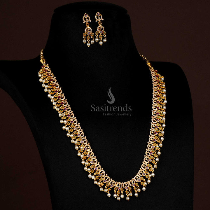 Elegant Traditional Matte Gold Long Haram With Floral AD Jewellery, Perfect For Festivals, Weddings, And Grand Cultural Events – Sasitrends