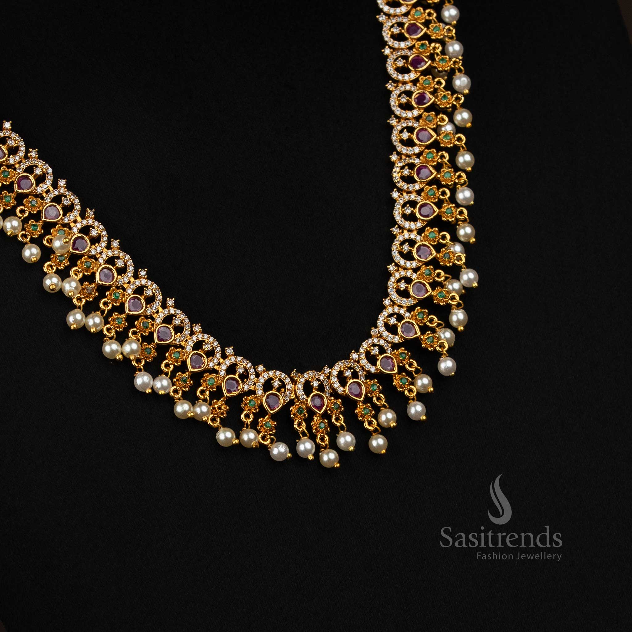 Stylish Matte Gold Plated Floral AD Long Haram For Women, Trendy Party Wear Jewellery For Traditional And Modern Outfits – Sasitrends