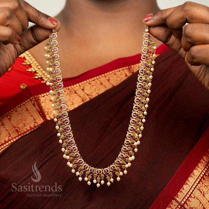 Bridal Premium Matte Gold Plated Floral Ad Long Necklace High Quality , Temple Wear -Sasitrends 