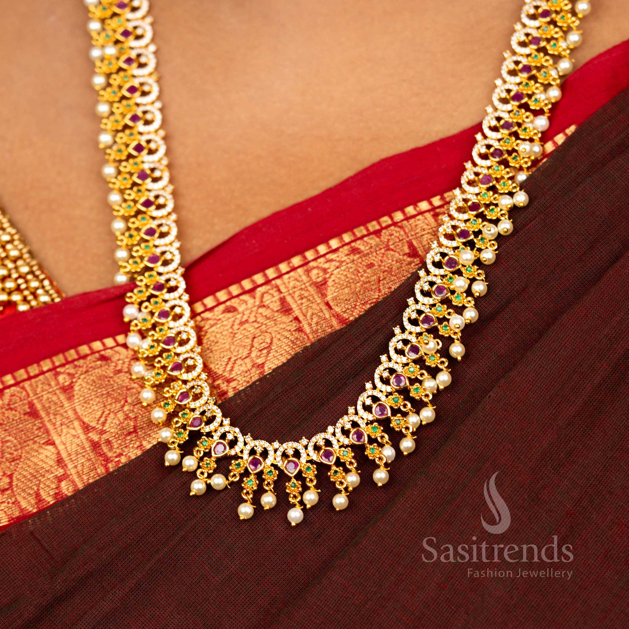 Wedding Premium Matte Gold Plated Floral Ad Long Necklace , Temple Wear - Sasitrends 