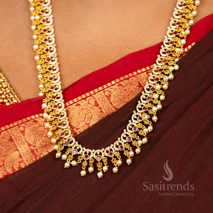 Wedding Premium Matte Gold Plated Floral Ad Long Necklace , Temple Wear - Sasitrends 