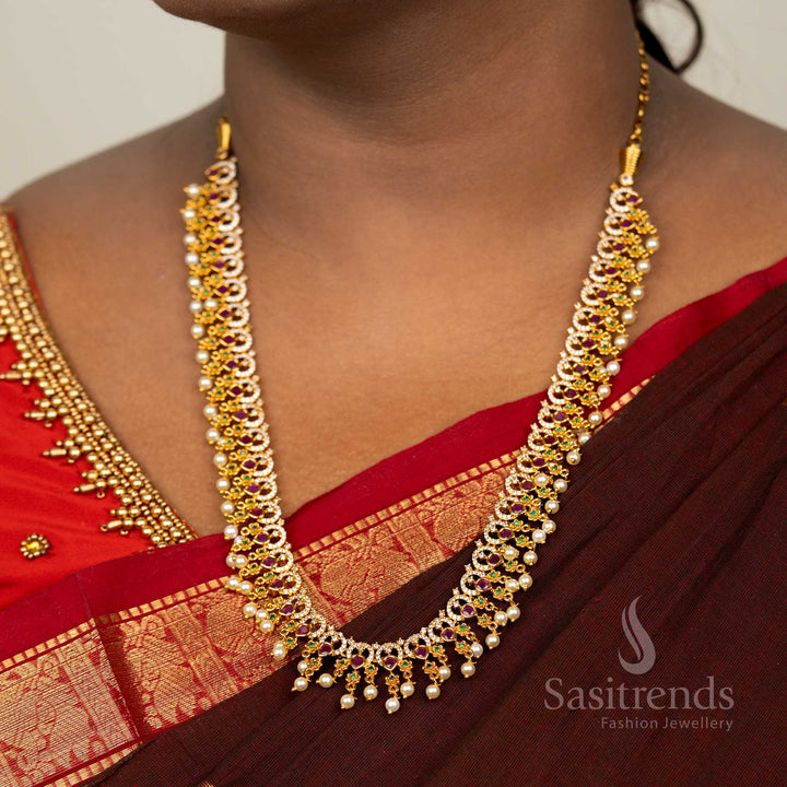 Wedding Wear Premium Matte Gold Plated Floral Ad Long Necklace Temple Wear - Sasitrends 