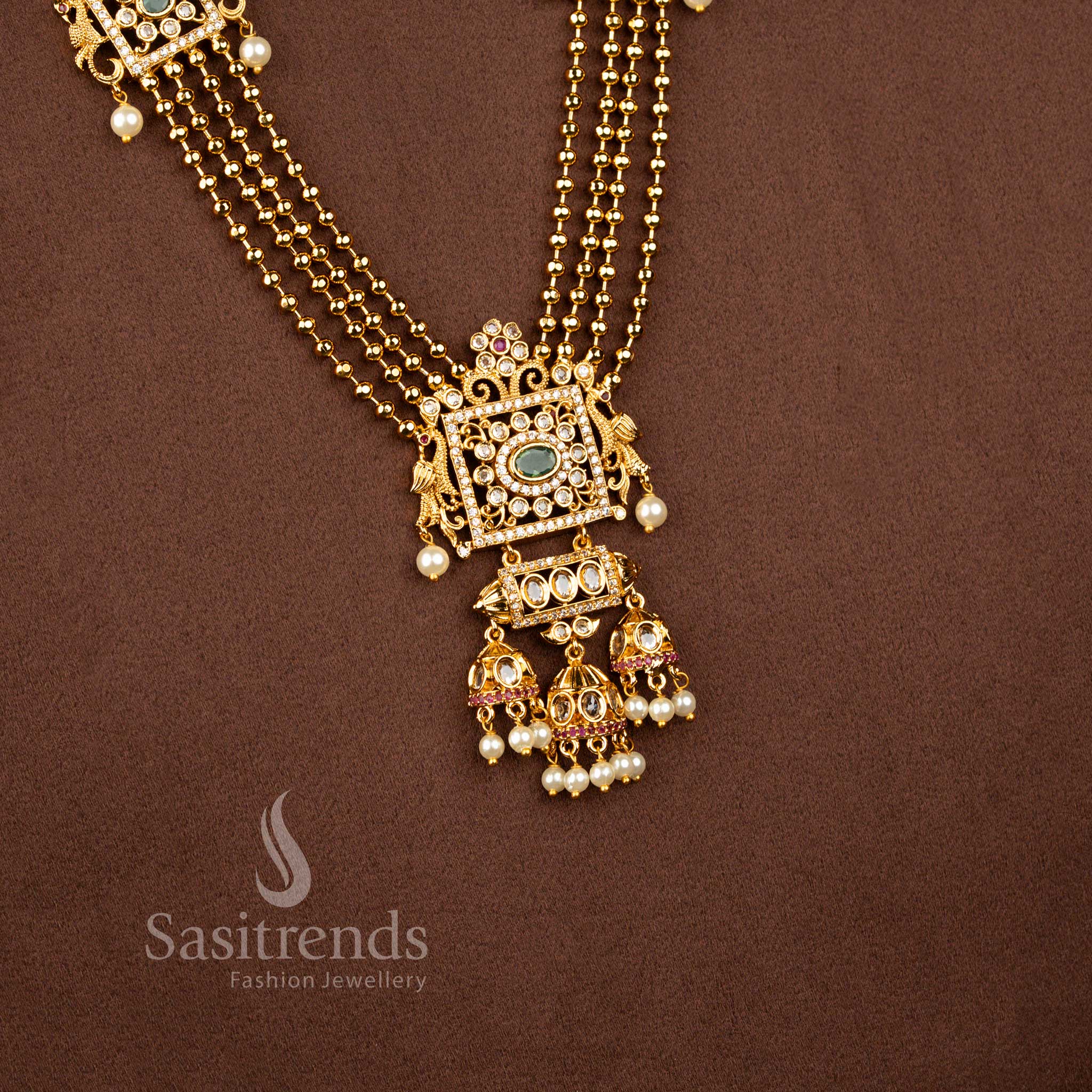 Matte Gold Plated Dual Peacock Square Earrings with American Diamond Detailing, Pearl Jhumki Drops and Green Centre Stone - Sasitrends
