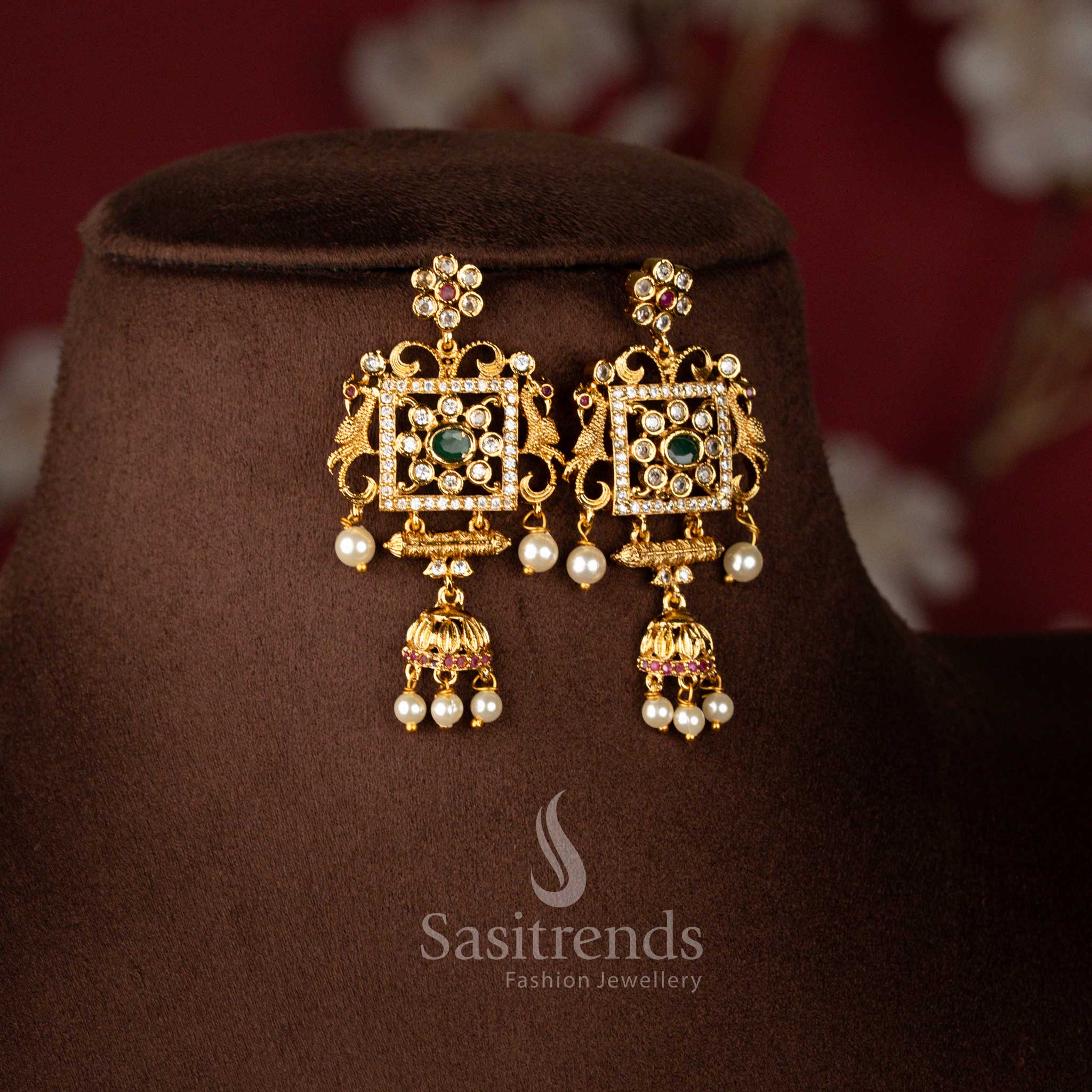 Close-up of Matte Gold Plated Triple Bead Layer Chain with Dual Peacock Square Filigree Connector and Green Centre Stone - Sasitrends