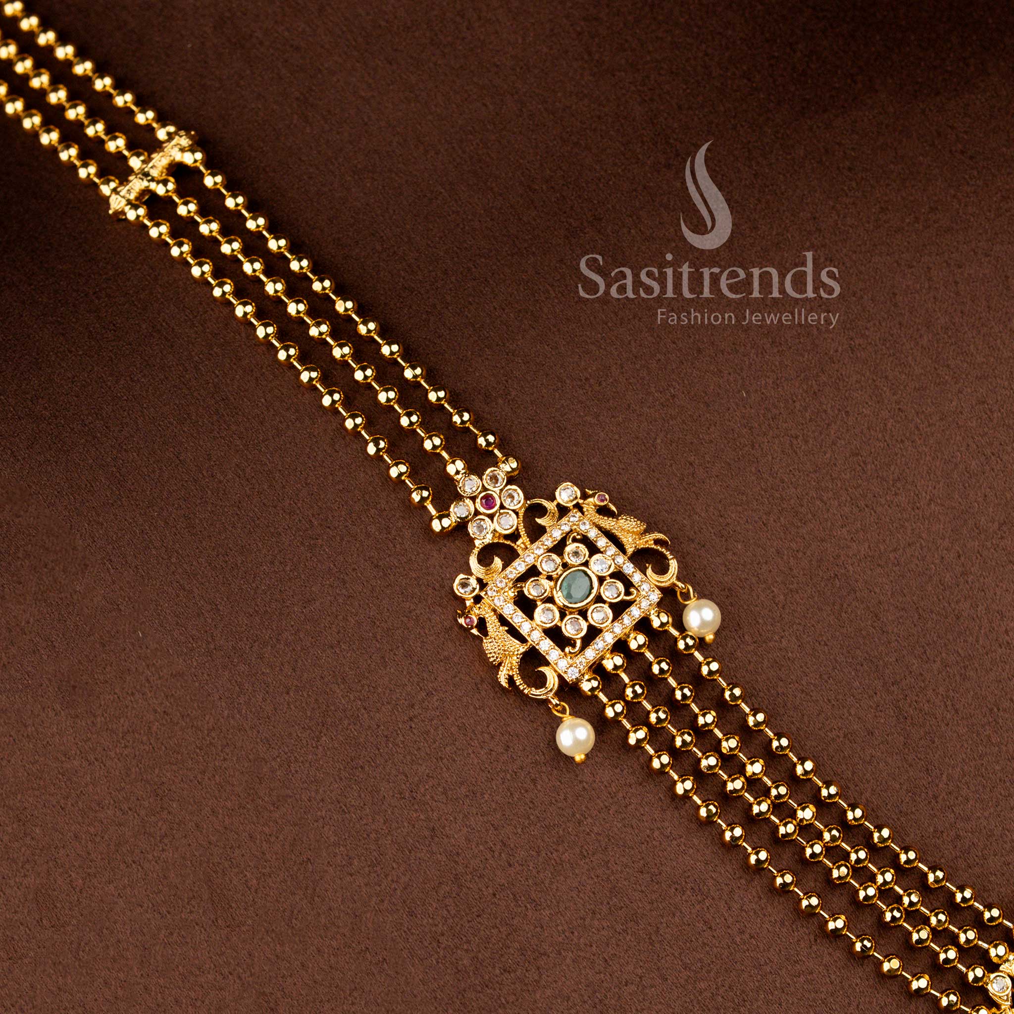Matte Gold Plated Dual Peacock Square Earrings with American Diamond Detailing, Pearl Jhumki Drops and Green Centre Stone - Sasitrends