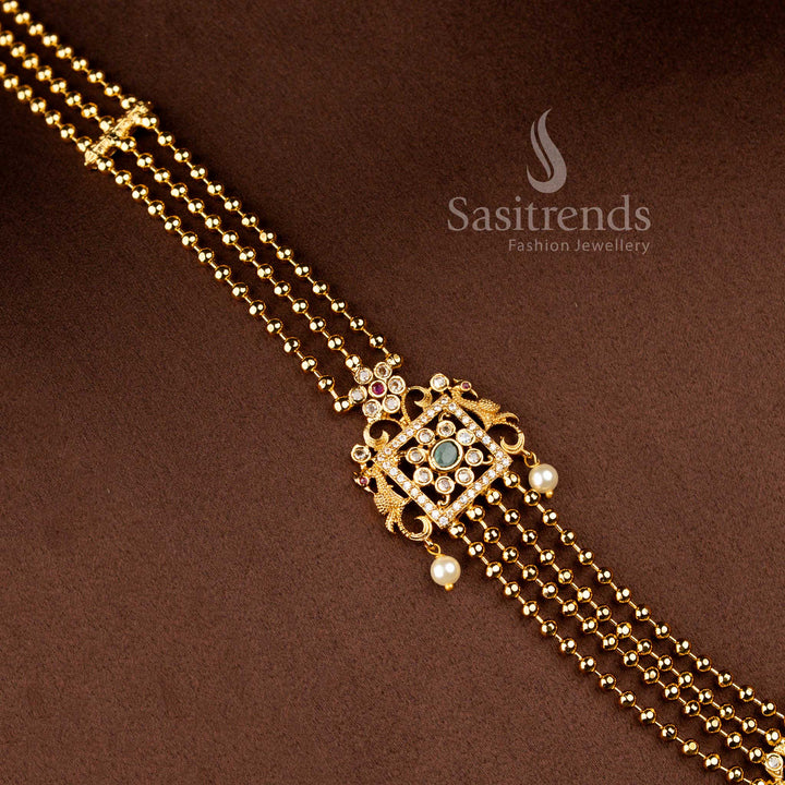 Matte Gold Plated Dual Peacock Square Earrings with American Diamond Detailing, Pearl Jhumki Drops and Green Centre Stone - Sasitrends