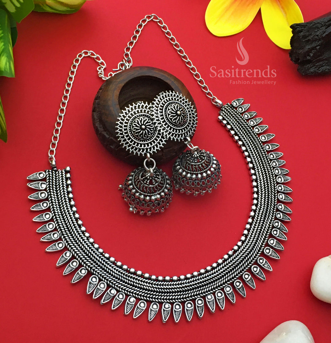 Oxidised German Silver Necklace with Jhumkas - Traditional and Party Wear - Sasitrends