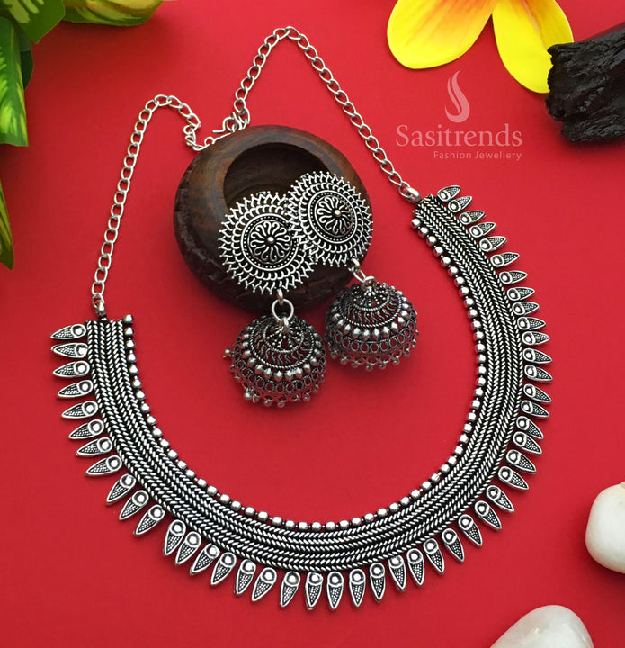 Gorgeous Party Wear Oxidised Silver Necklace with Jhumka Jewellery Set | Sasitrends