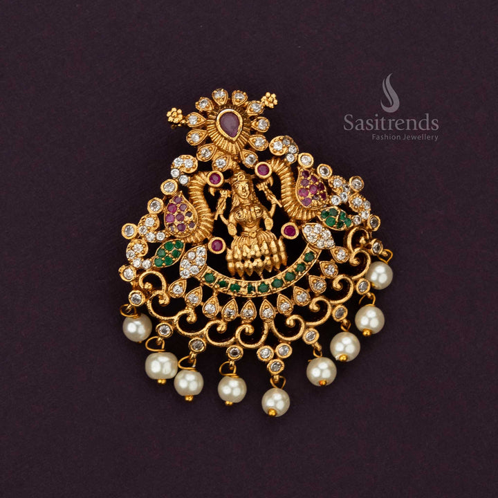 Goddess Peacock Lakshmi Matte Gold Plated Pearl Pendant