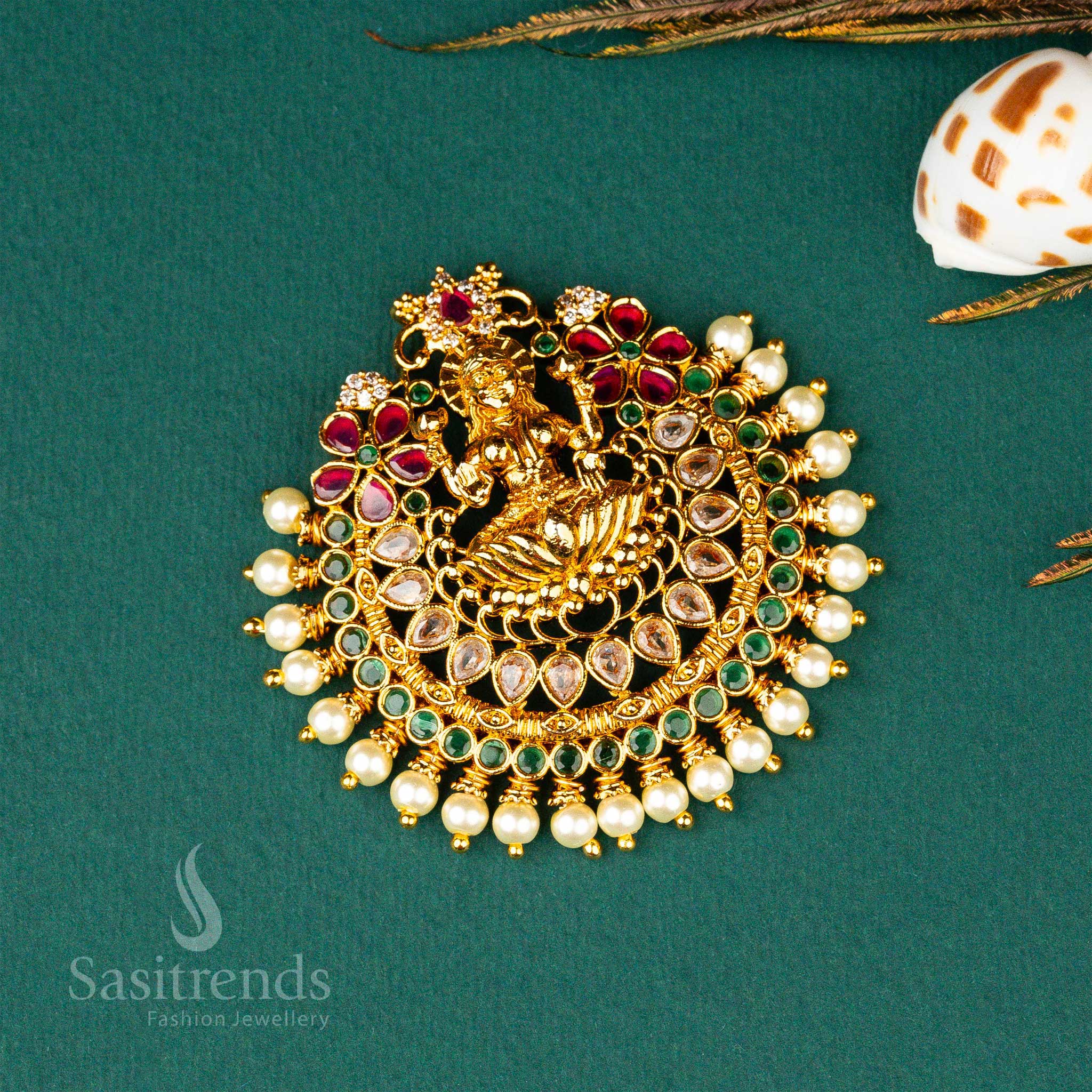 Traditional Matt Gold Plated Lakshmi Designer Pearl Multi AD Stone Pendant Sasitrends Online Shopping