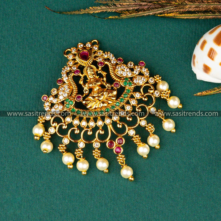 Attractive Traditional Temple Wear Matt Gold Plated Peacock Lakshmi Pattern AD Stone Pendant 