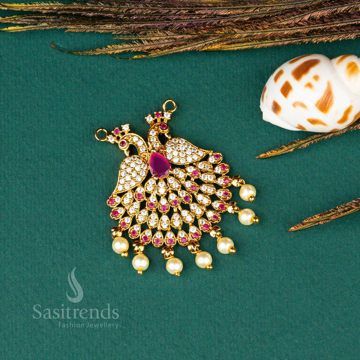 Traditional Wear Matt Gold Plated Two Peacock Designer White Ruby AD Stone Pearl Pendant Sasitrends Online Shopping