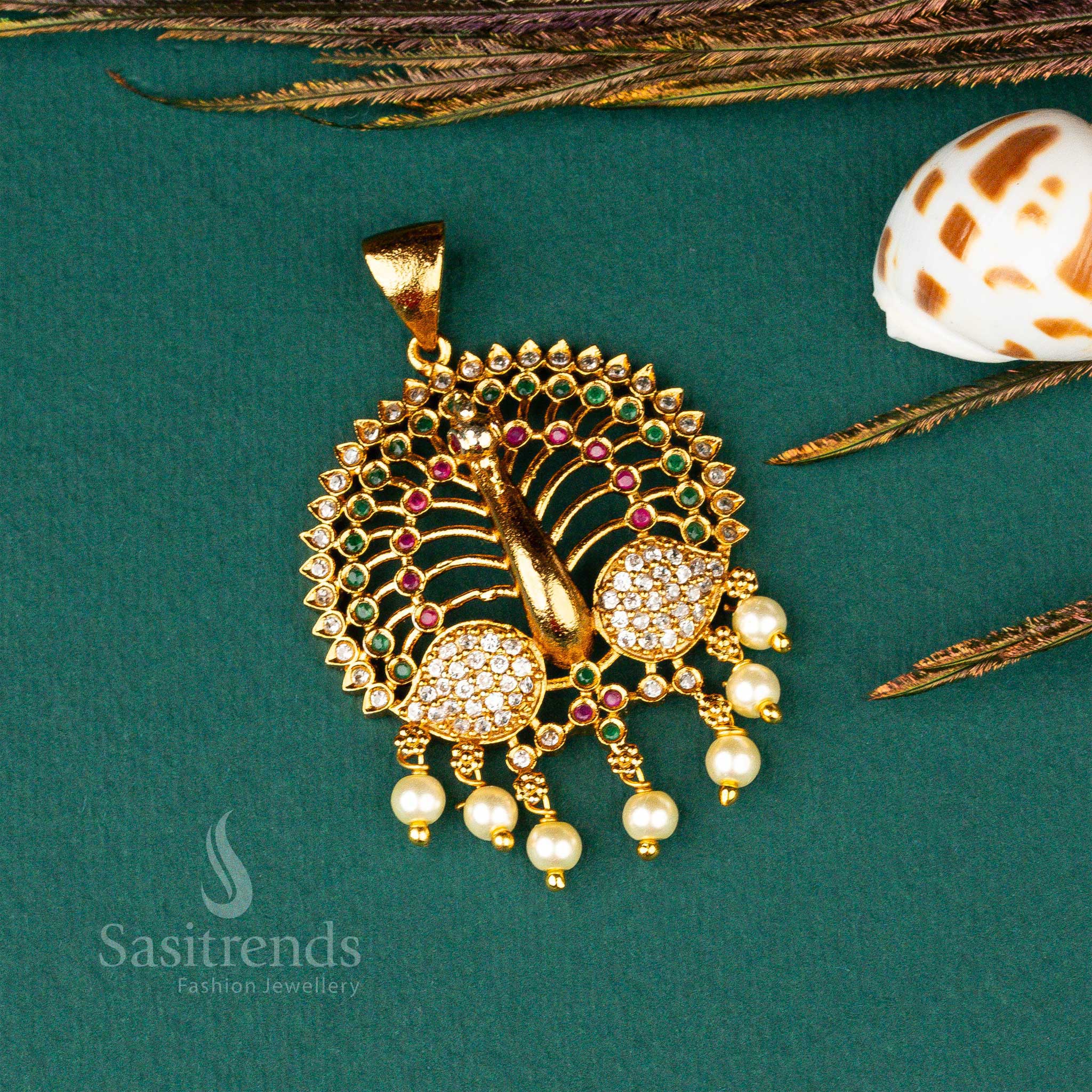 Traditional Elegance: Sparkling Matt Gold Plated AD Brass Pendant - Sasitrends - Sasitrends