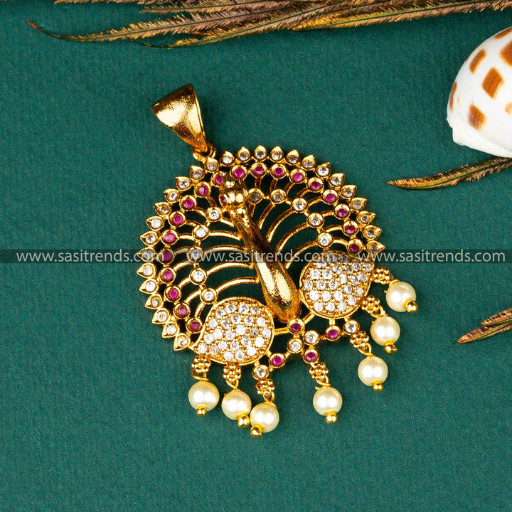 Wedding Wear Matt Gold Plated Peacock Designer White Ruby AD Stone Pearl Ball Hanging Pendant