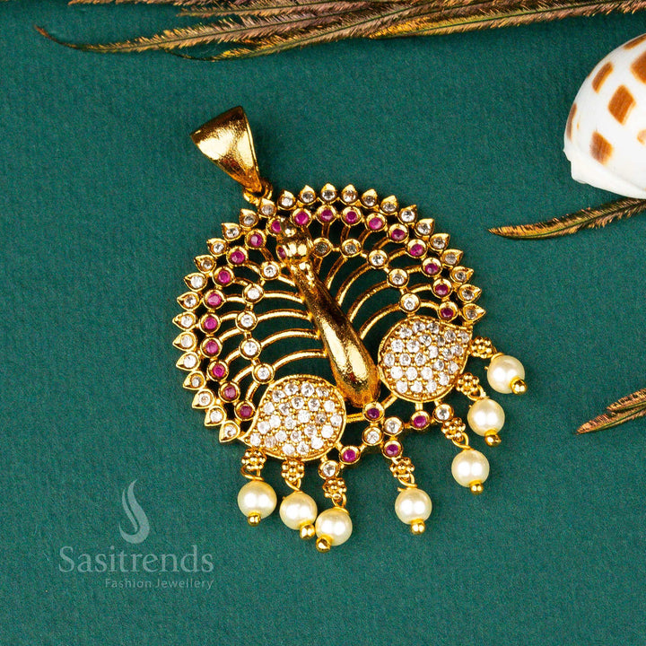 Traditional Occasion Wear Matt Gold Plated Peacock Designer Multi AD Stone Pearl Ball Hanging Pendant