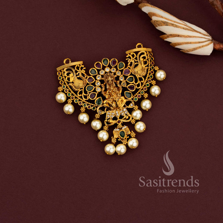 Temple Matte Gold Plated Lakshmi Peacock American Diamond Pendant with Pearl Drops – Traditional Design