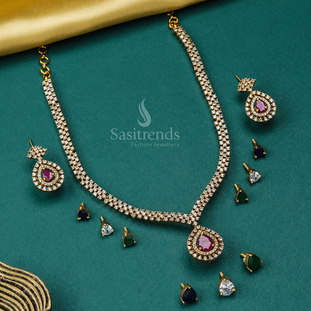 Tilak-Shaped Interchangeable American Diamond Necklace Set - Trendy and Modern Jewelry - Sasitrends