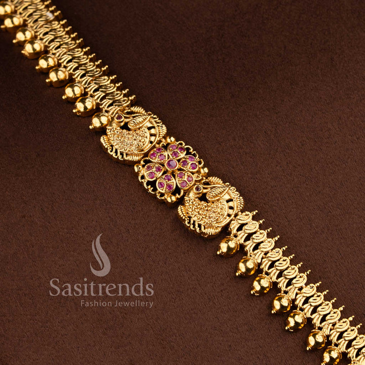 Grand bridal traditional matte gold peacock floral long necklace jewellery set with jhumkas in ruby by Sasitrend