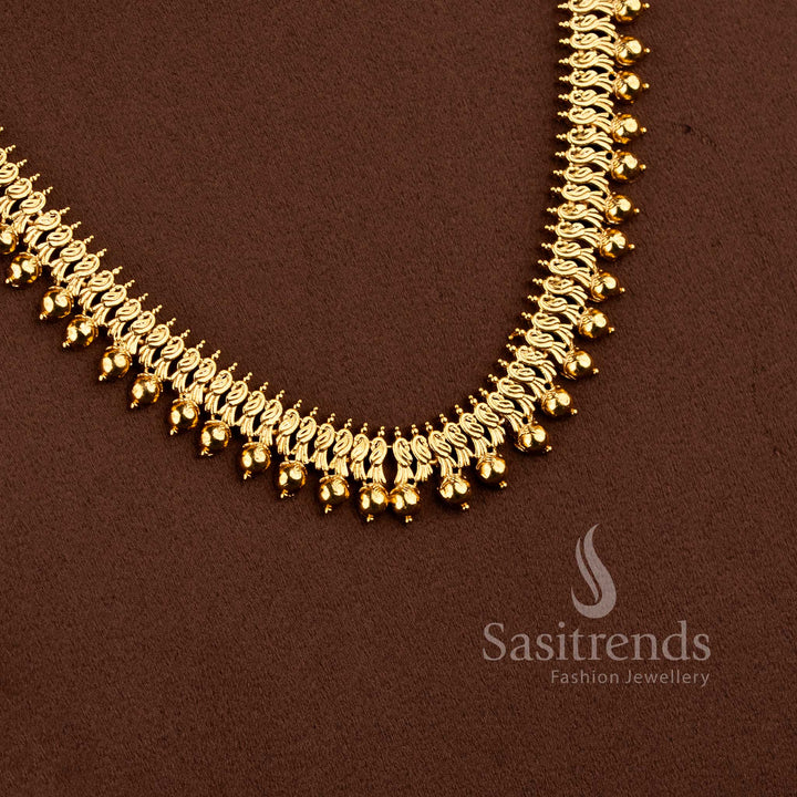 Grand bridal traditional matte gold peacock floral long necklace jewellery set with jhumkas in ruby green by Sasitrends.