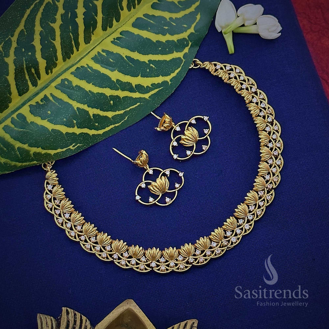 Trendy New Collection: Temple Matte Gold Plated Lotus Floral AD Necklace Jewellery Set Sasitrends