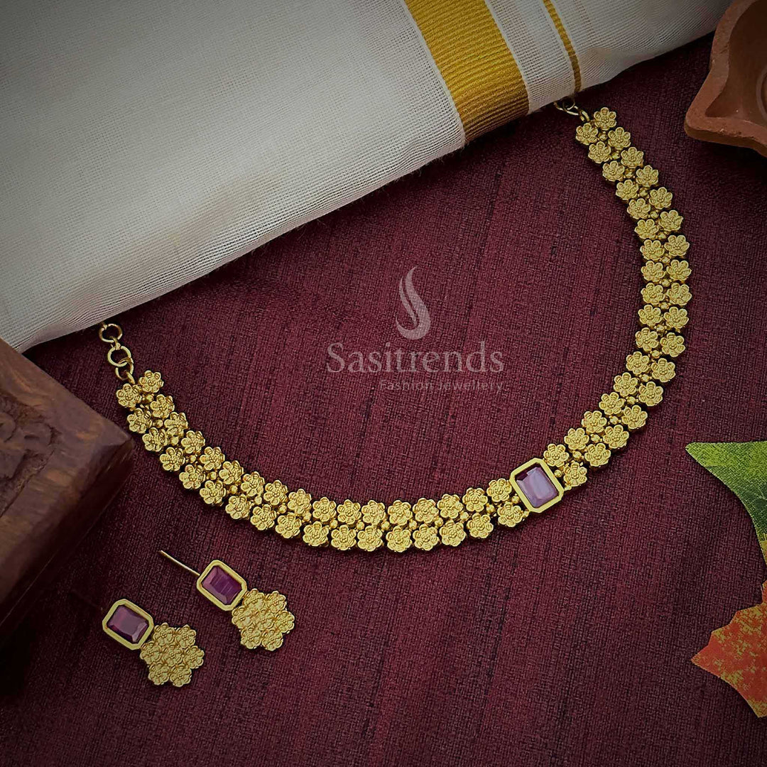 Floral Choker Necklace & Earrings Set with AD Stone - Women's Temple Gold Tone Traditional Jewellery - Sasitrends