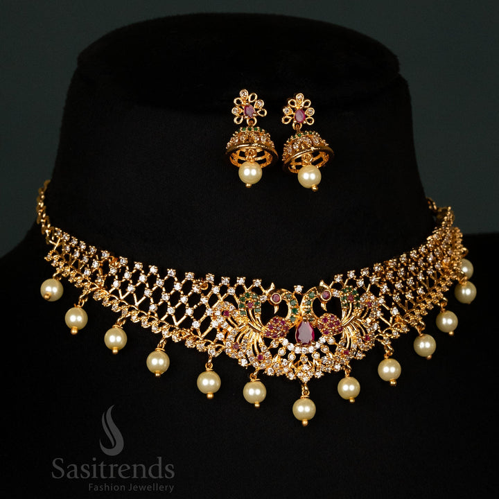 Traditional Micro Gold Plated American Diamond Peacock Choker Necklace Set with Pearl Drops For Festive Wear - Sasitrends
