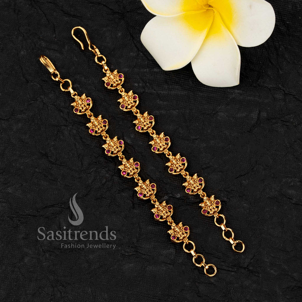 South indian style matil with repeated Lakshmi motifs ruby color for bridal and festive wear  