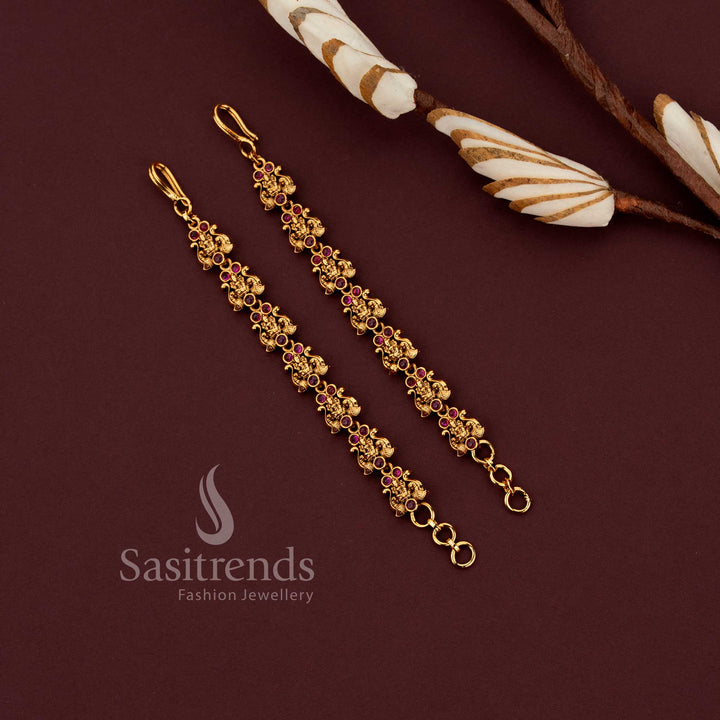 Dazzling Lakshmi Peacock Temple Matte Gold Plated Ear Chain Matils Perfect for Festive Occassions - Sasitrends