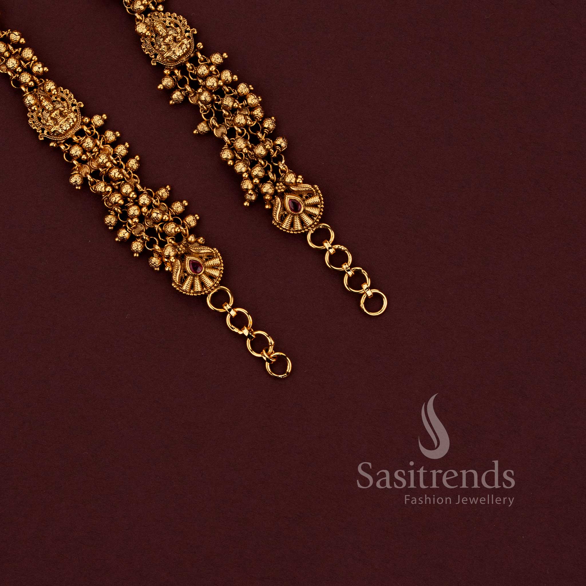 Temple matte gold plated ear chains featuring Lakshmi design with gold beads and pearl bead detailing in multi strand pattern - Sasitrends
