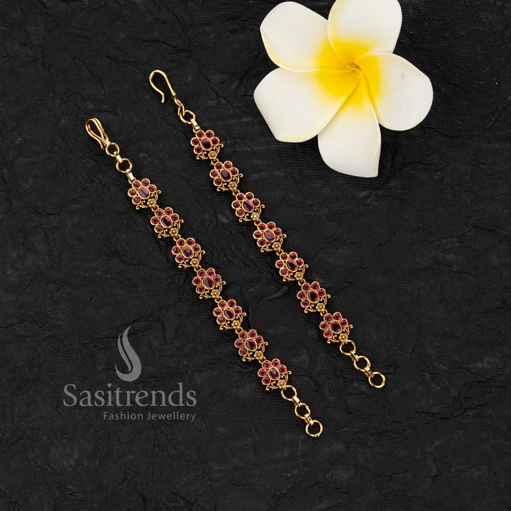 Authentic temple style matte gold matil 2068G featuring a series of blooming flower patterns with premium stone work for ethnic celebrations - Sasitrends
