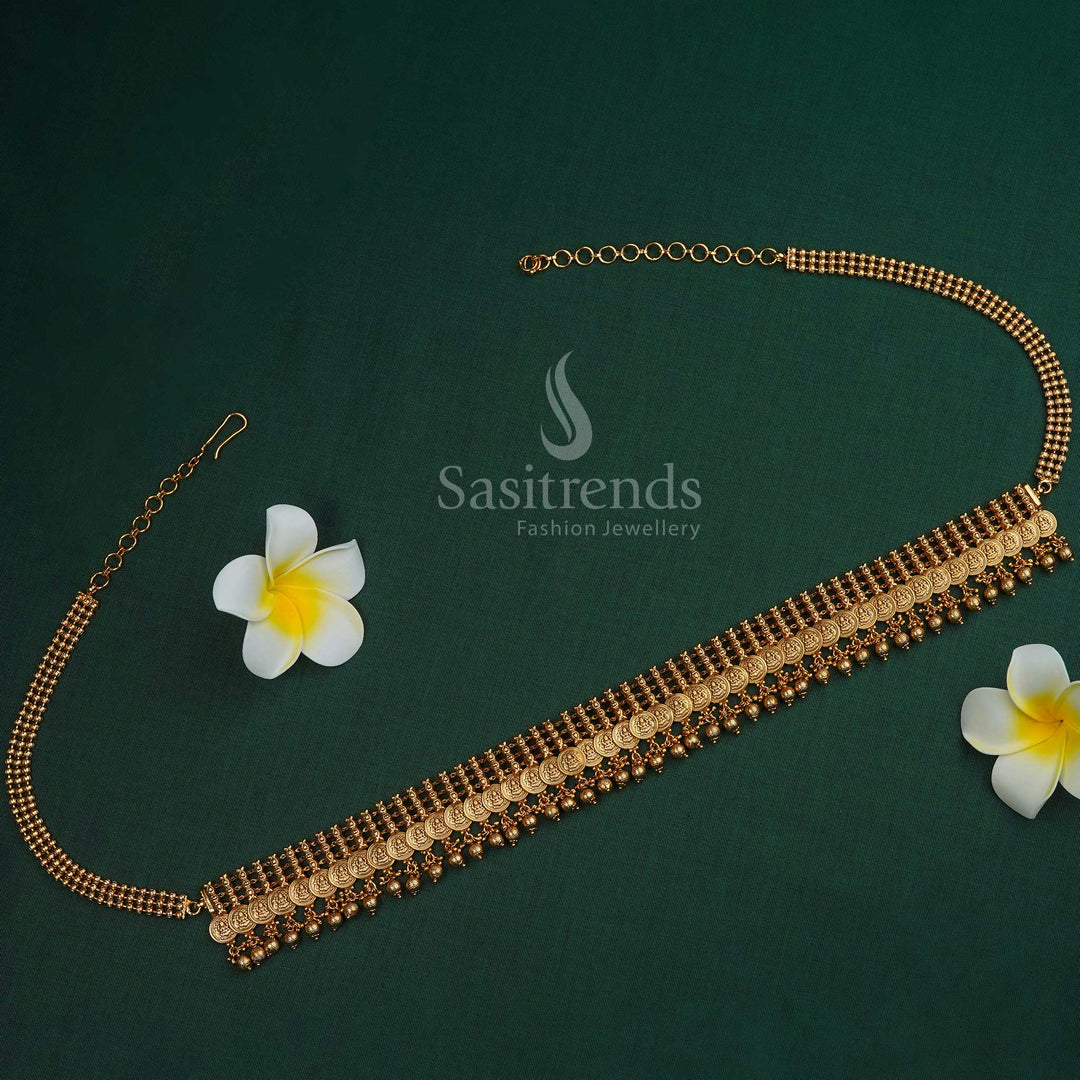 Trendy Matte Gold Plated Lakshmi Coin Hip Belt With Carved Details And A Classic South Indian Waist Chain Design, Perfect For Saree Drapes And Ethnic Silhouettes – Sasitrends