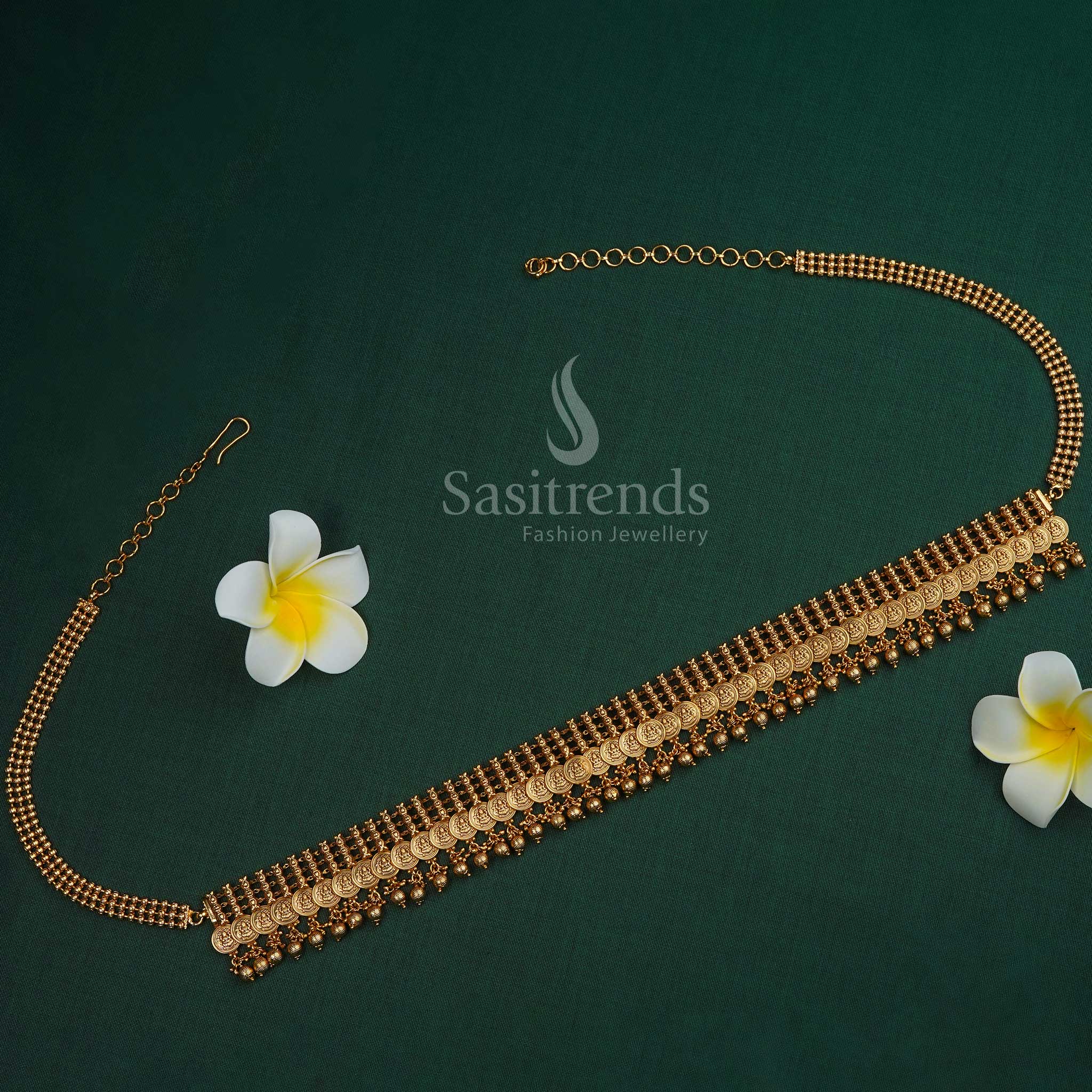 Trendy Matte Gold Plated Lakshmi Coin Hip Belt With Carved Details And A Classic South Indian Waist Chain Design, Perfect For Saree Drapes And Ethnic Silhouettes – Sasitrends