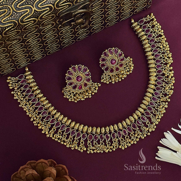 New Bridal Jewellery Set: Temple Matte Gold Plated with AD Stones | Sasitrends
