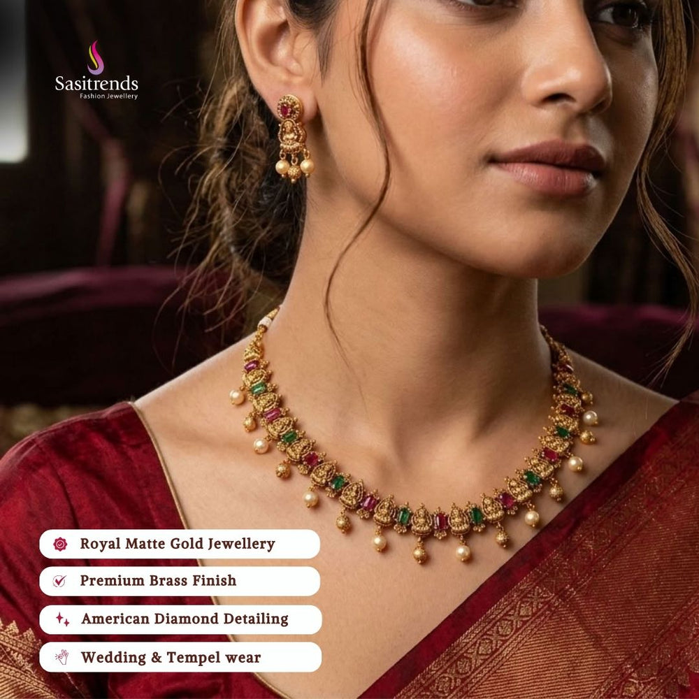 matte gold plated AD stone necklace set review image - Sasitrends