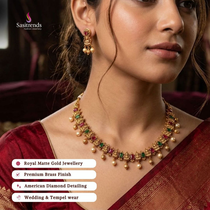 matte gold plated AD stone necklace set review image - Sasitrends