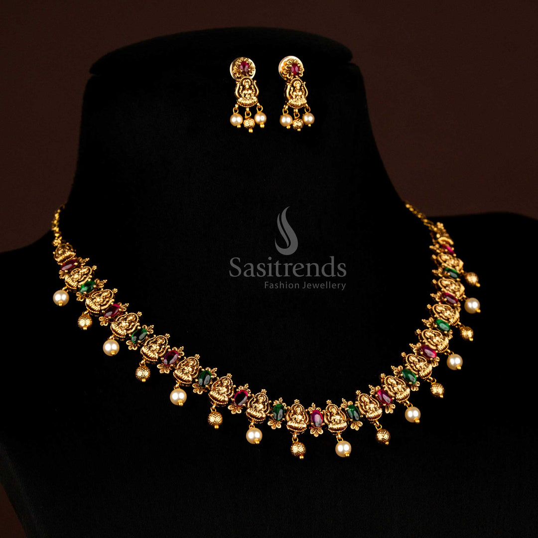 Temple matte gold Goddess Lakshmi necklace with earrings and pearls for wedding and festive wear Sasitrends