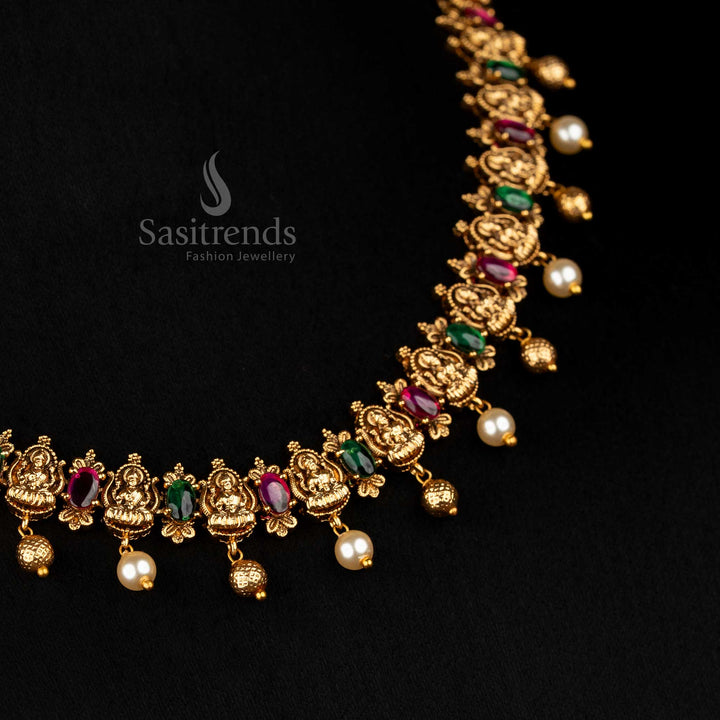 Sasitrends temple jewellery set with Goddess Lakshmi motifs in matte gold plated finish for cultural occasions
