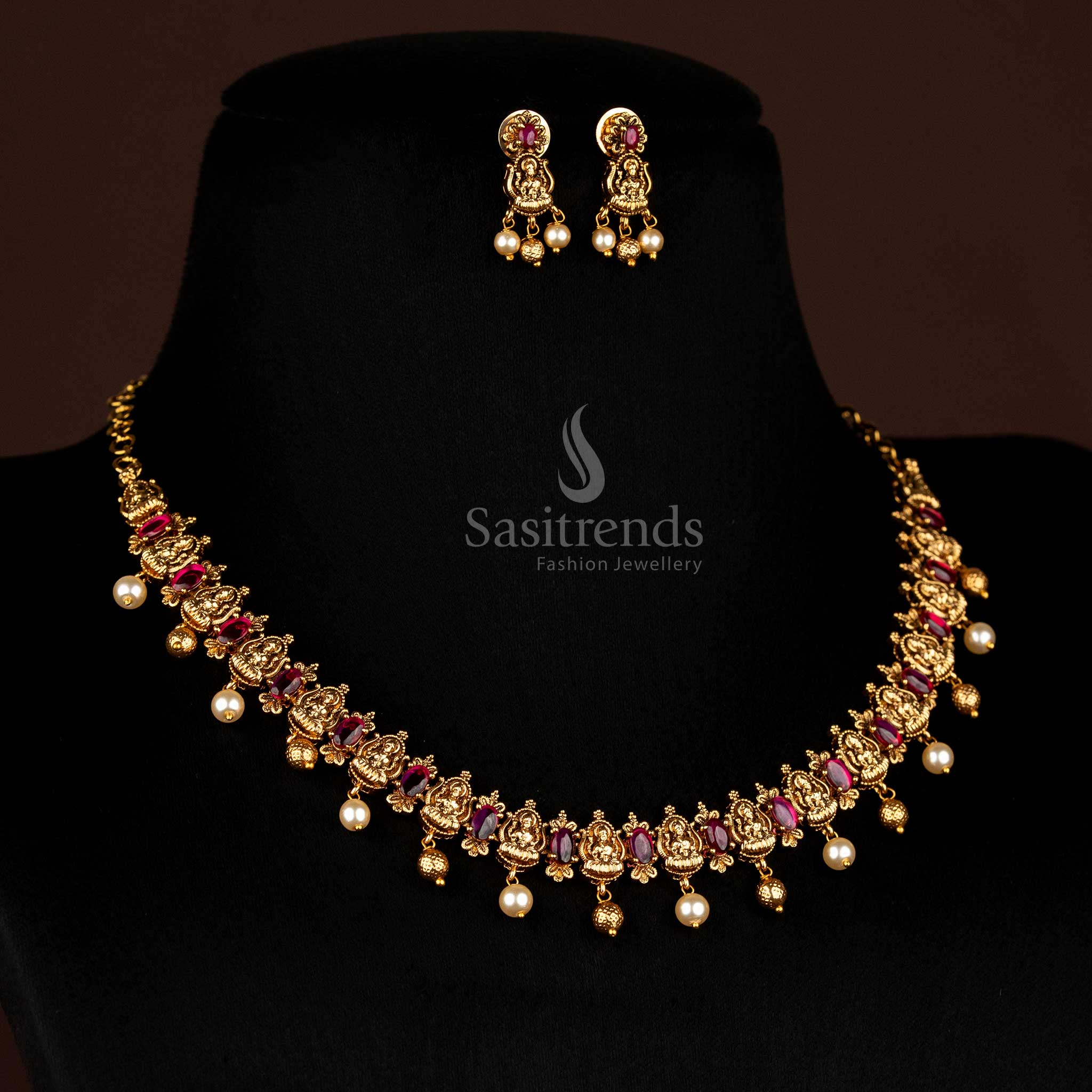 Sasitrends temple jewellery set with Goddess Lakshmi motifs in matte gold plated finish for cultural occasions