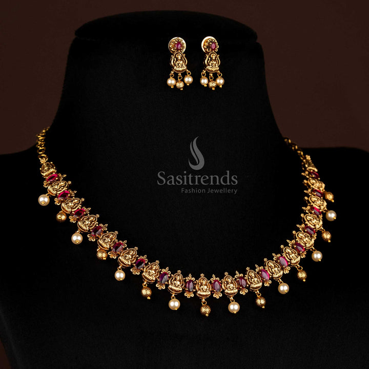 Sasitrends temple jewellery set with Goddess Lakshmi motifs in matte gold plated finish for cultural occasions