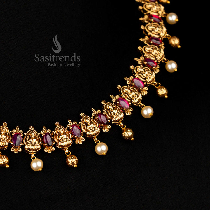 Traditional matte gold plated Goddess Lakshmi necklace with earrings and pearl drops festive wear Sasitrends