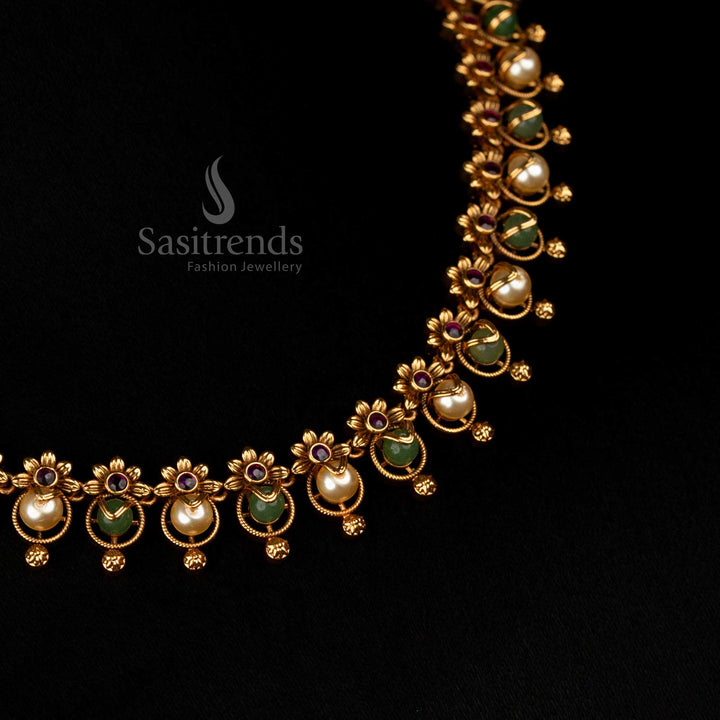 Enchanting Premium Temple Matte Gold Green White Pearl Necklace Jewellery Set Designed For Classic Engagement Occasion – Sasitrends
