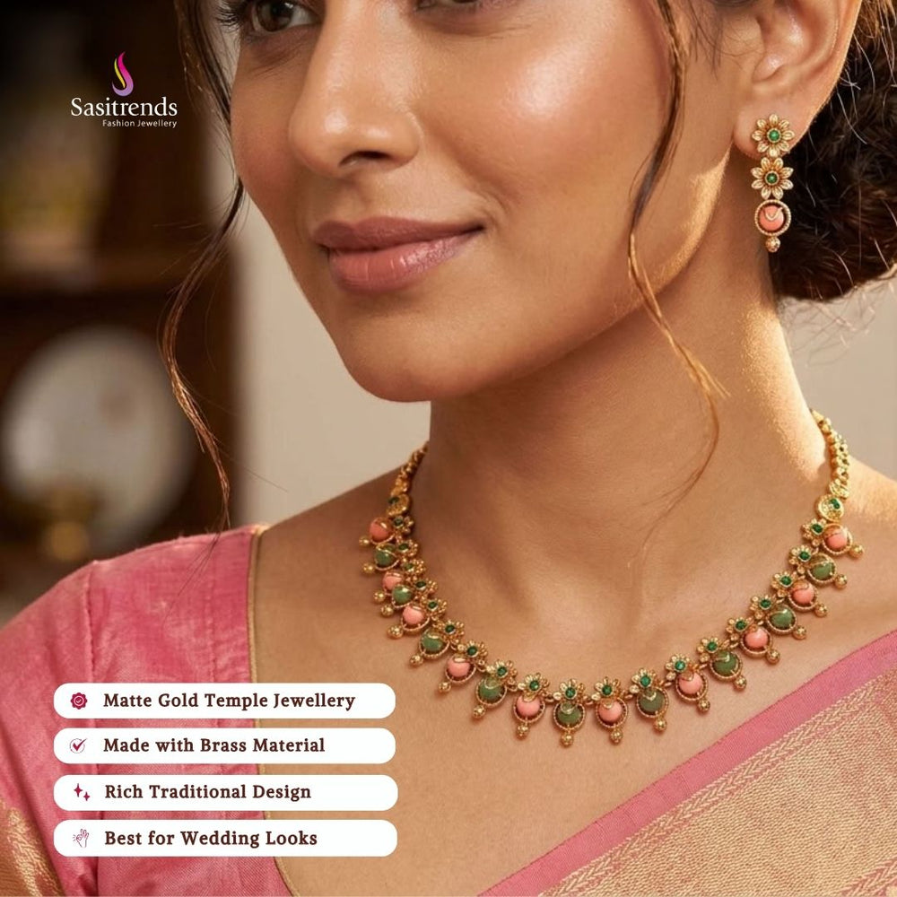 matte gold plated AD stone necklace set review image - Sasitrends