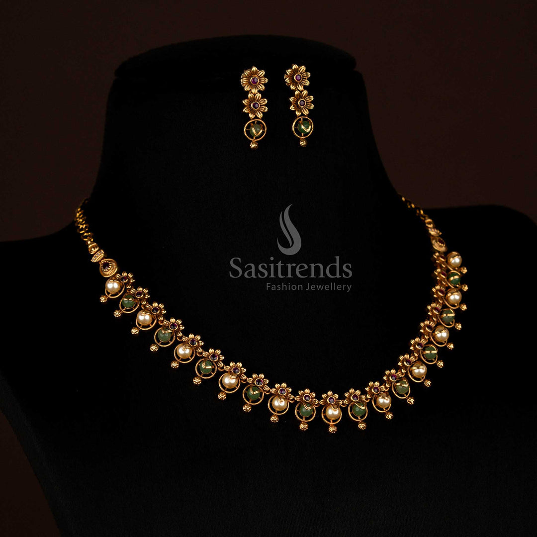 Grandiose Premium Temple Matte Gold Green White Pearl Necklace Jewellery Set Perfect For Elegant Reception Night – Sasitrends.