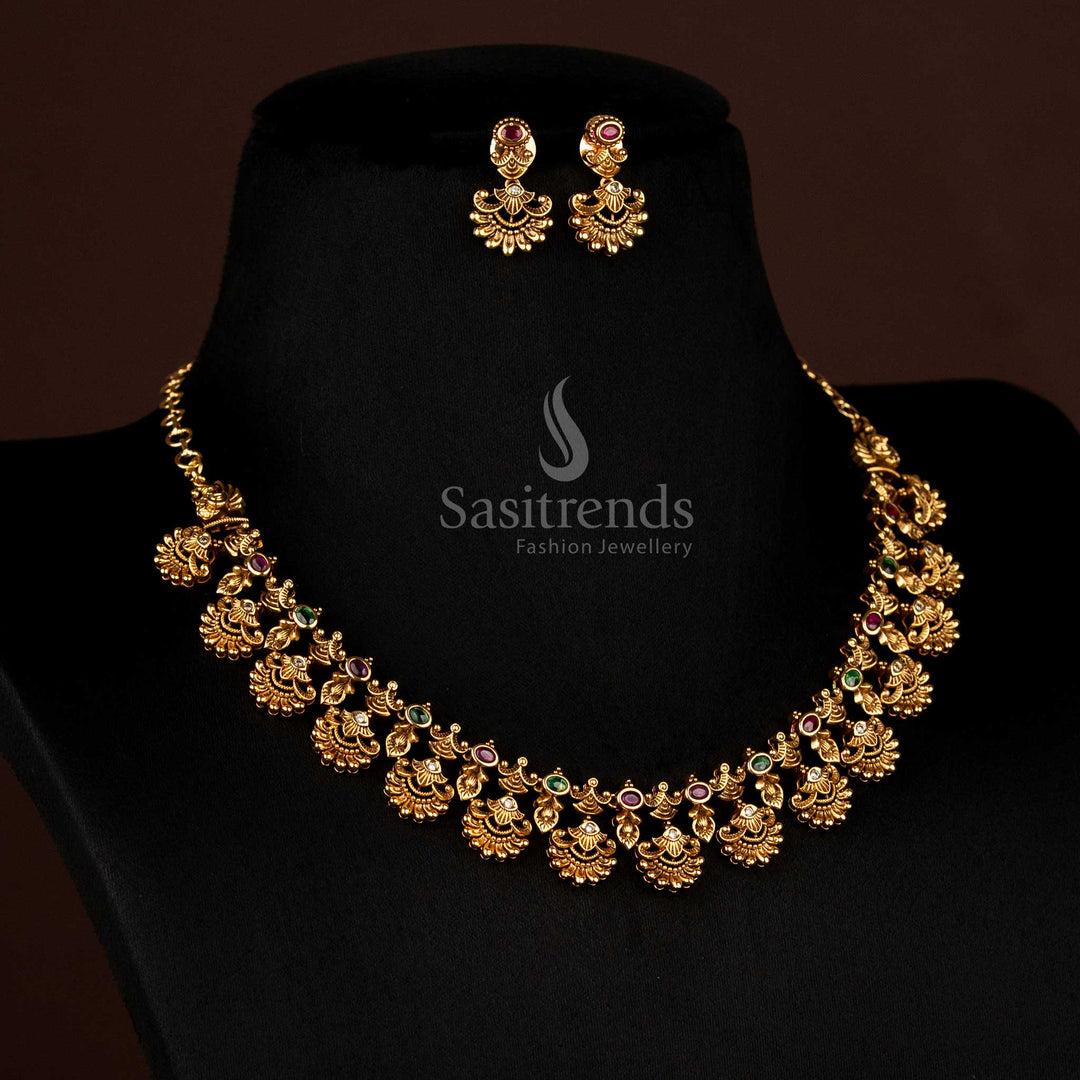 Premium Handcrafted Wedding Peacock Fringe Necklace with Linked Oval AD Stones by Sasitrends
