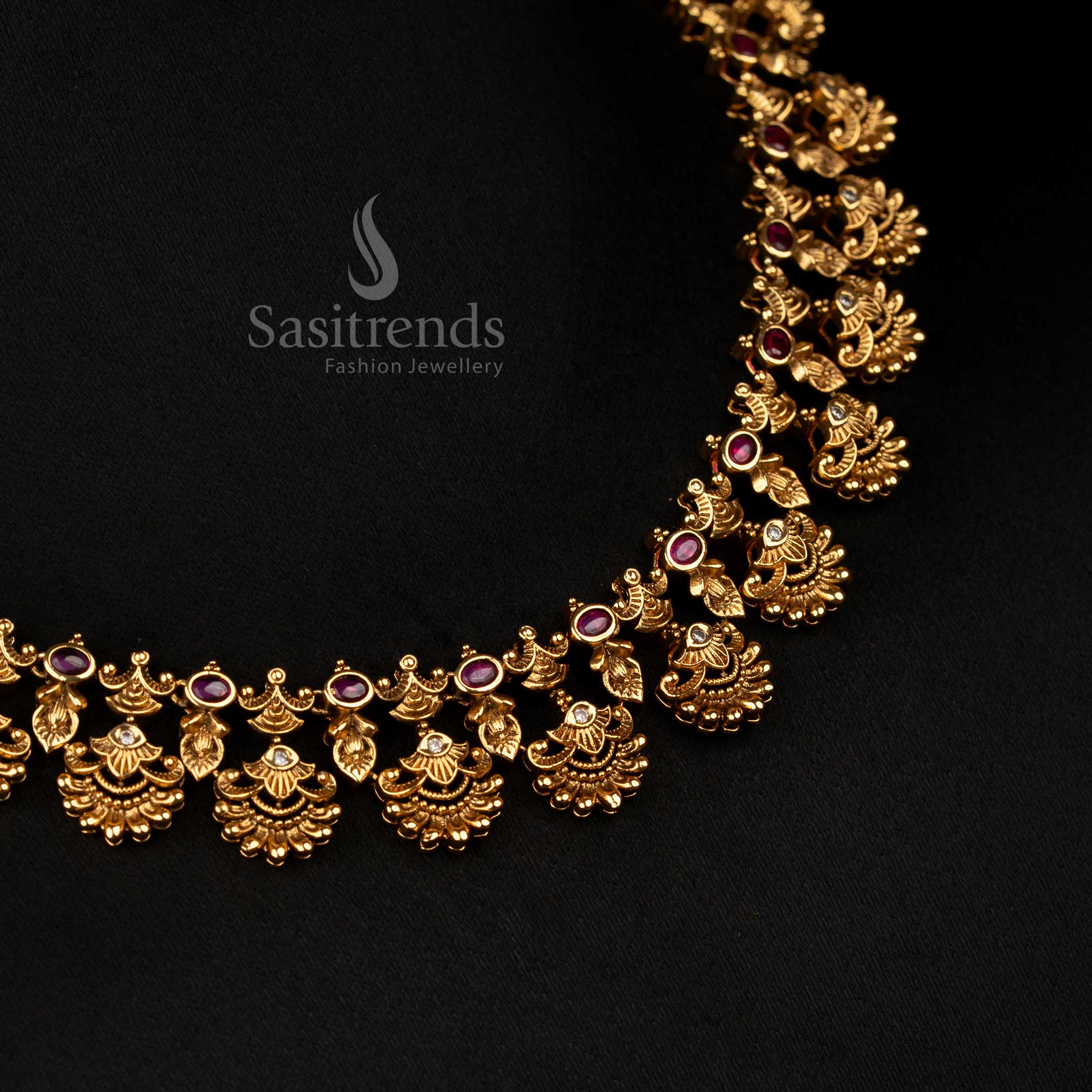 Opulent Temple Matte Gold Plated Peacock Fringe Necklace with Linked Oval AD Stones for Weddings by Sasitrends